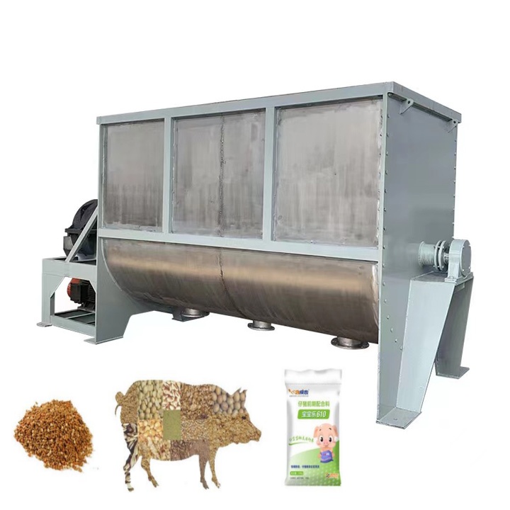 Horizontal ribbon mixer for poultry feed